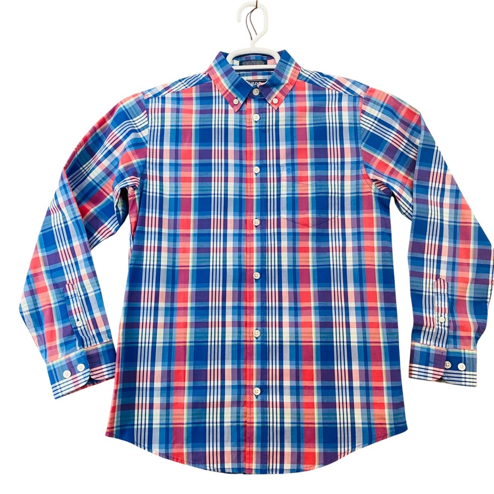 IZOD Kids Boys Blue Red Plaid Long Sleeve Button Down Shirt Size L 14/16 NWOT